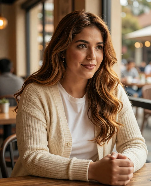 Valentina, 27, Colombian Latidate member smiling at a Medellin cafe in casual cream cardigan