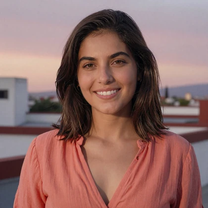 Mariana, 29, Mexican Latidate user in coral blouse on a Guadalajara rooftop at sunset