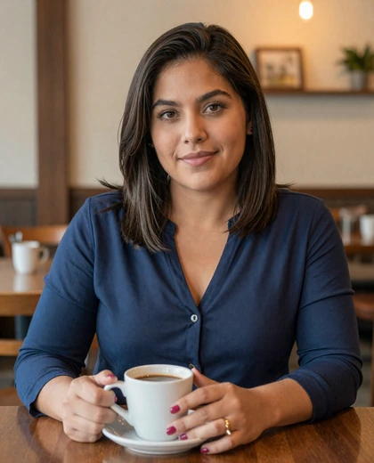 Adriana, 34, Mexican accountant from Monterrey in navy blouse at a cafe - Latidate profile