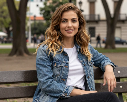 Sofia, 33, Argentinian Latidate member in denim jacket on a Buenos Aires park bench