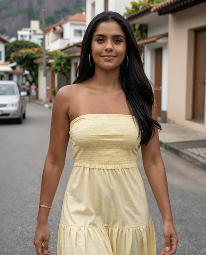 Camila, 31, Brazilian woman in yellow sundress walking a Rio de Janeiro street in daylight